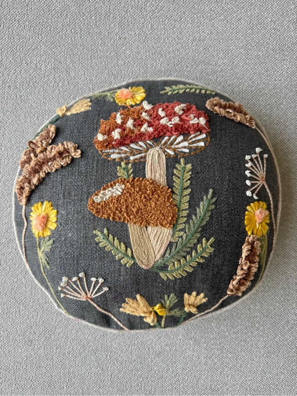 World Market Embroidered Mushroom Round Throw Pillow Cottagecore Woodland Decor